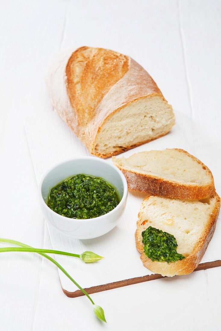 Wild garlic pesto on ciabatta bread