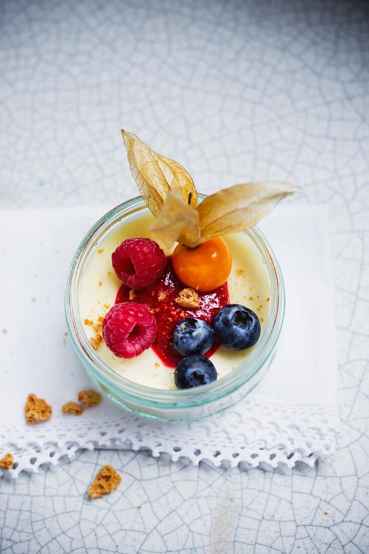 Panna cotta with berries and physalis