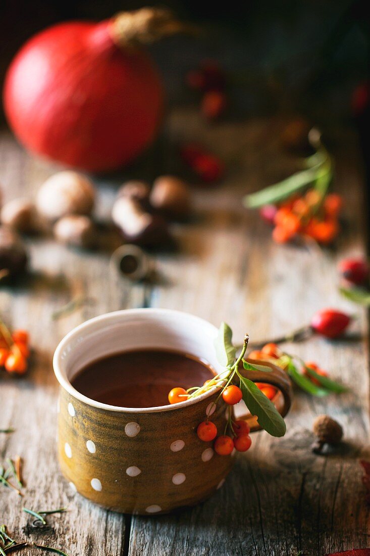 Hot chocolate in a spotted cup on a wooden table with autumnal decoration