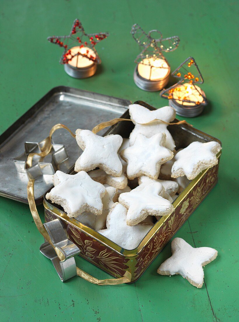 Cinnamon stars in a biscuit tin