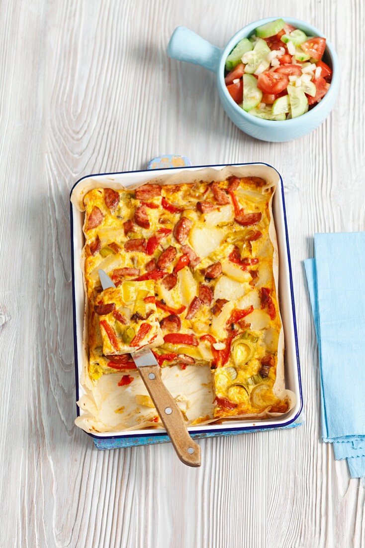 Frittata with potatoes, sausages and pepper