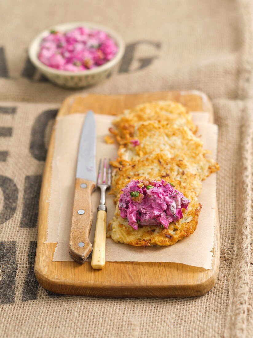 Potato cake with beetroot and herring salad