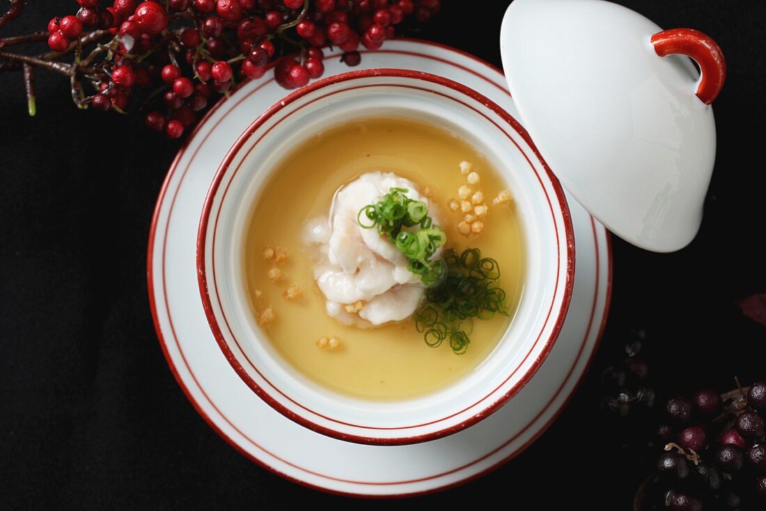 A clear broth with fish spleen (Japan)