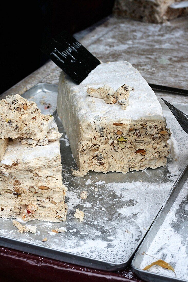 White nougat with nuts for sale at a market