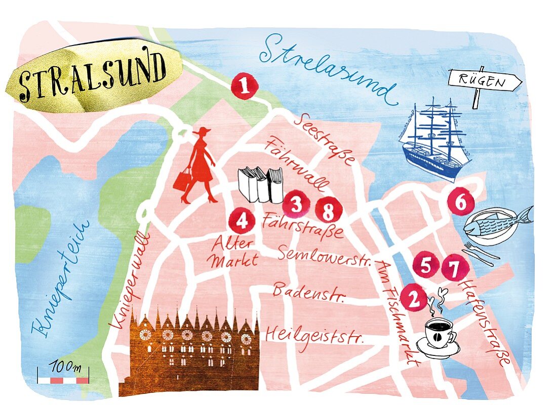 Illustration: Gezeichnete Straßenkarte von Stralsund