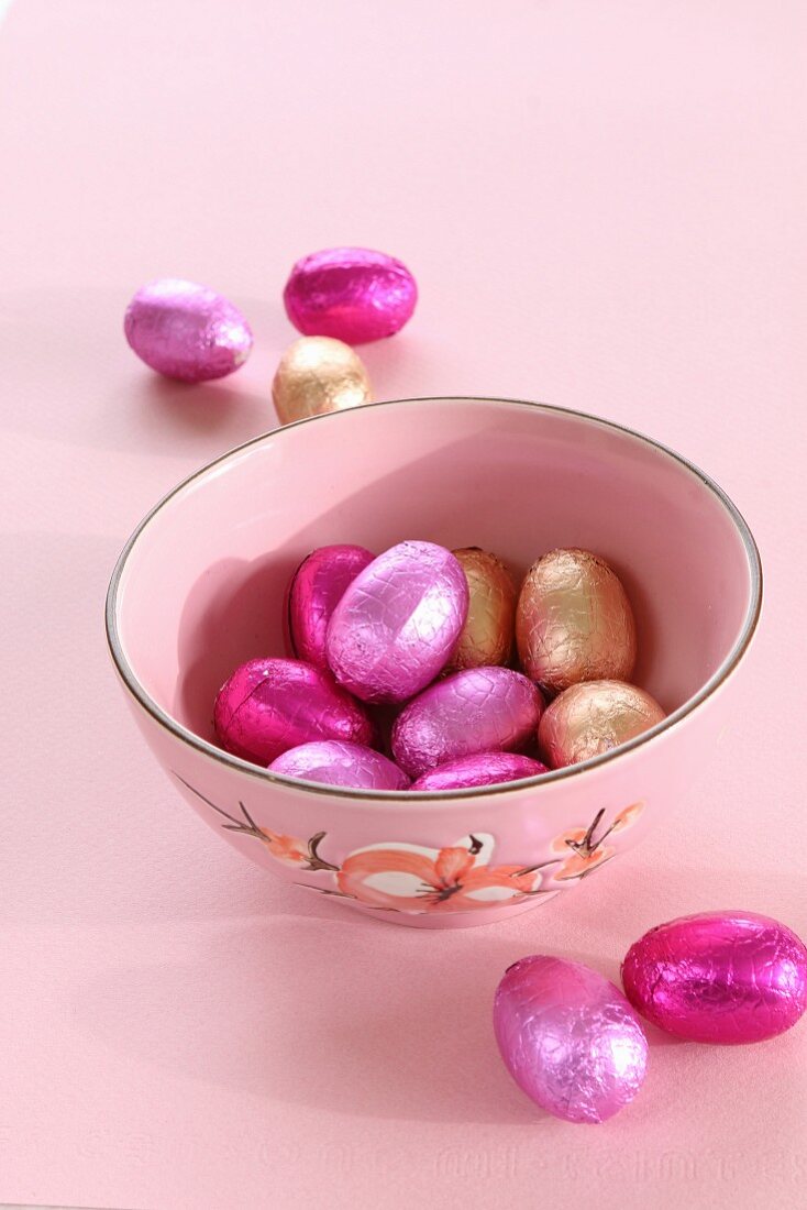 Foil-wrapped chocolate Easter eggs in a bowl