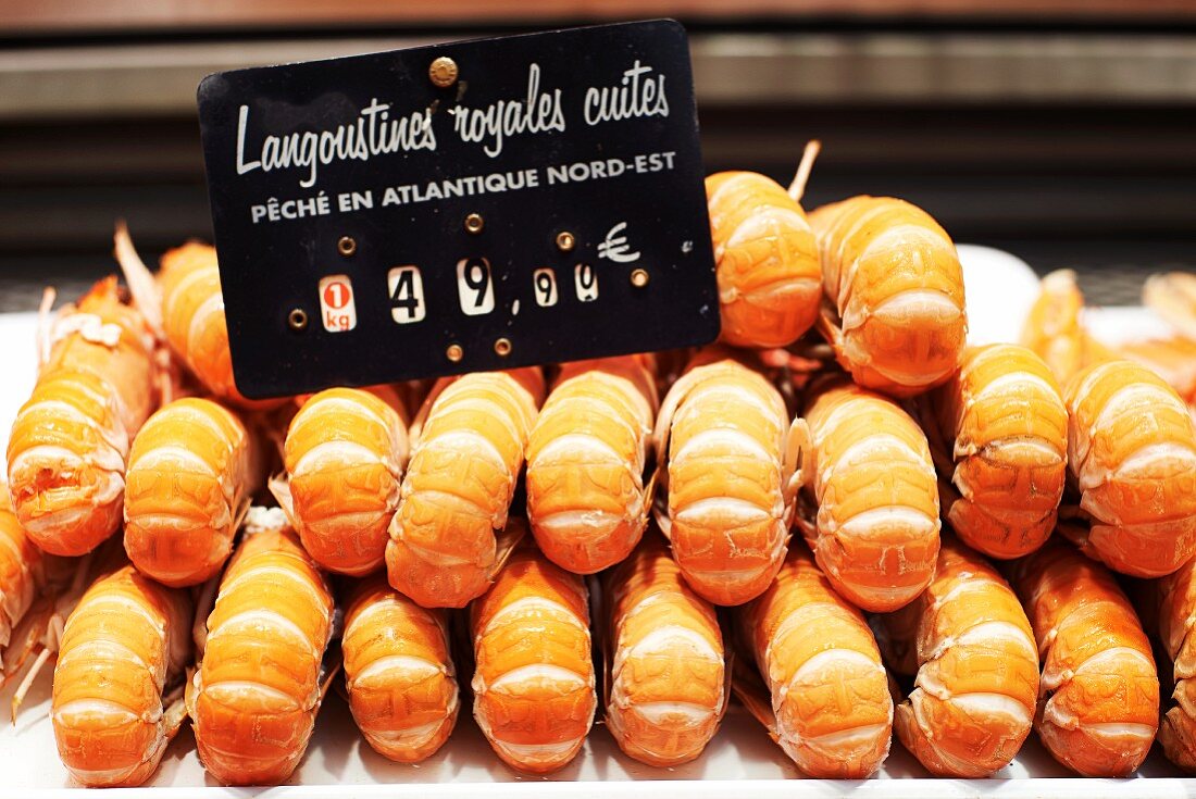 Langoustines on a market stall with a price label