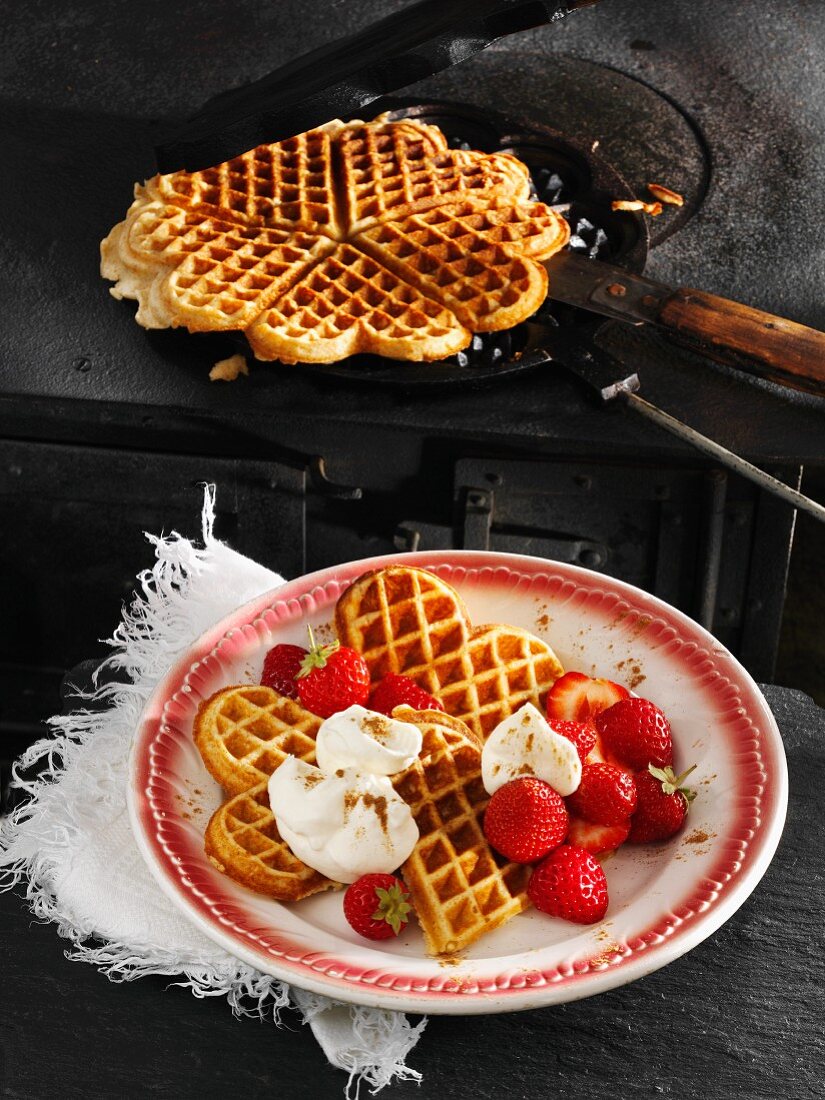 Kefir waffles made with spelt flour with fresh strawberries