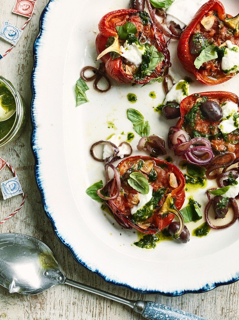 Peperoni alla piemontese (stuffed peppers with basil oil and roasted onions, Italy)