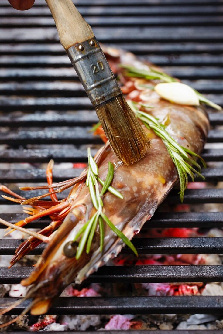 A rosemary flavoured king prawn being brushed on a grill