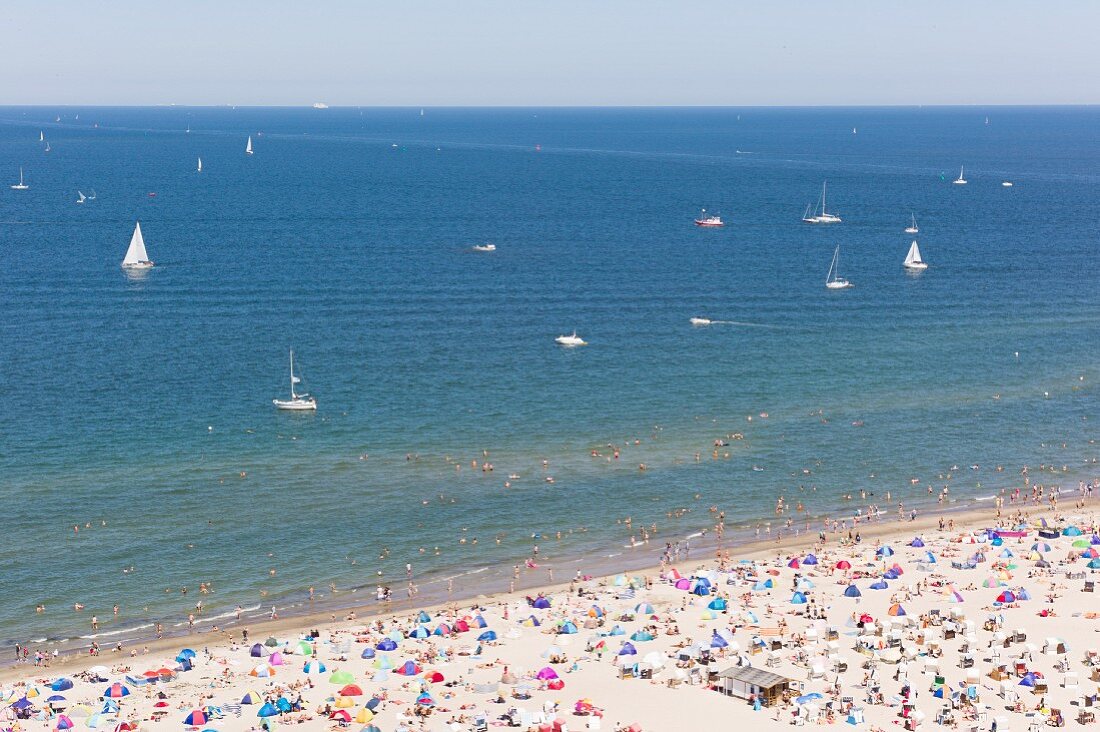 A view of the sandy beach and the sea at Warnemünde