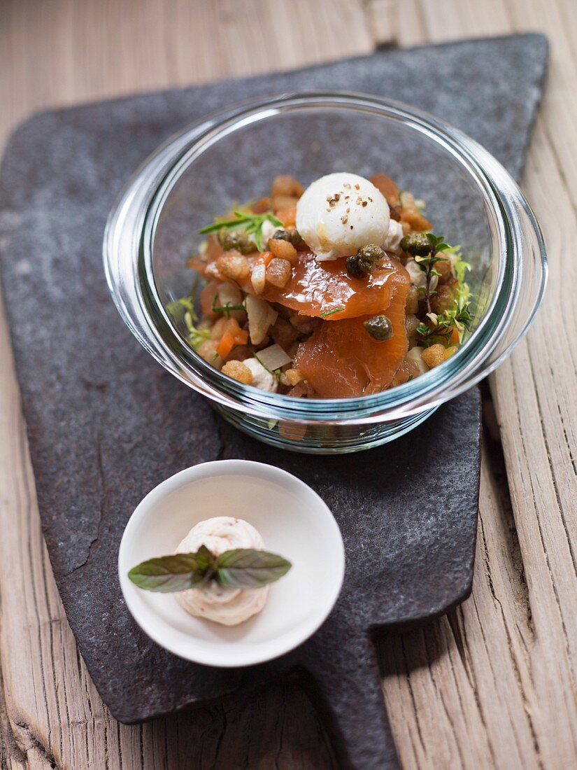 Bread salad with smoked brook trout