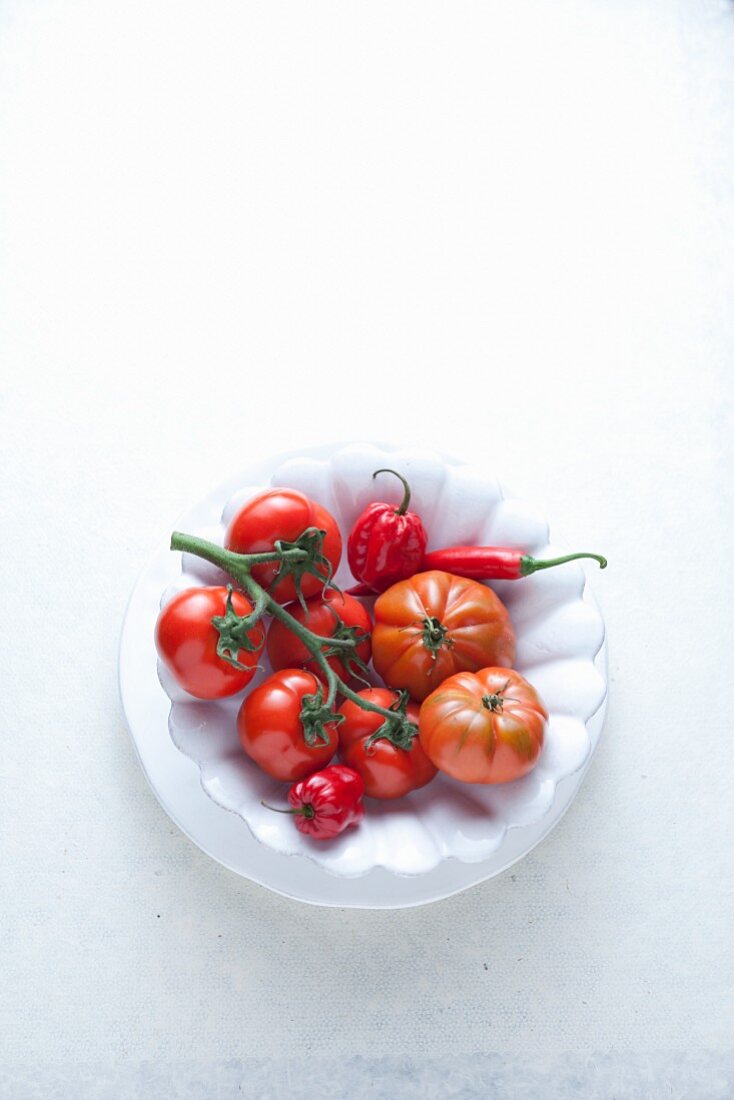 Fresh chillis and tomatoes on a plate