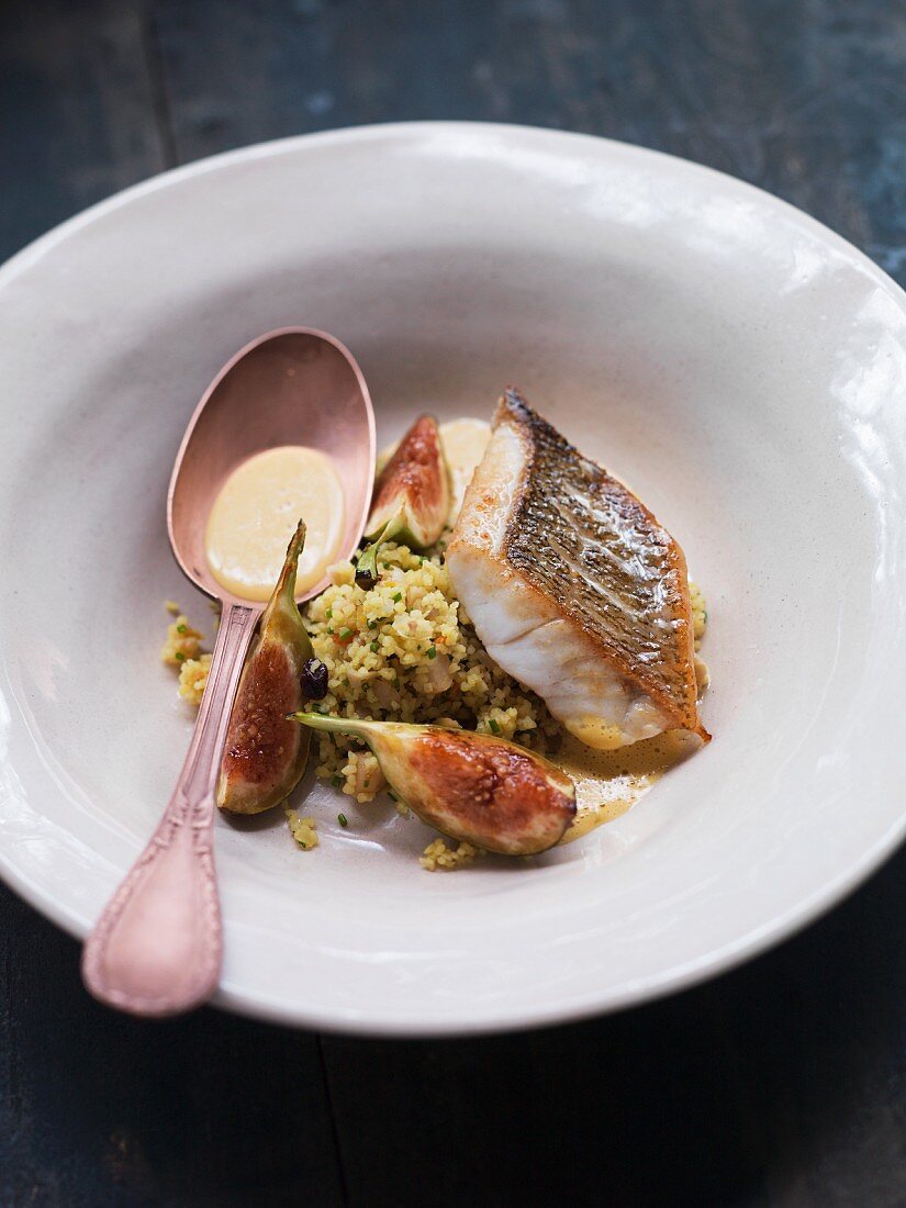 Perch with couscous, chickpeas and figs