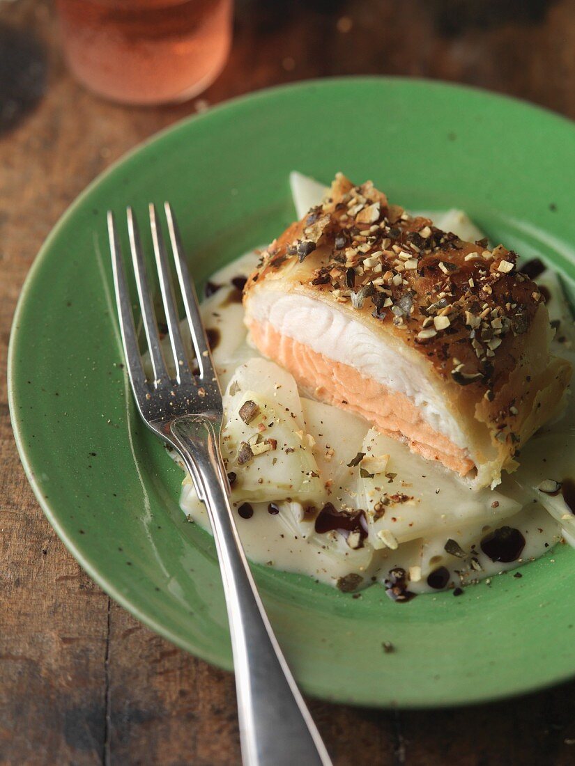 Salmon and sheatfish in puff pastry