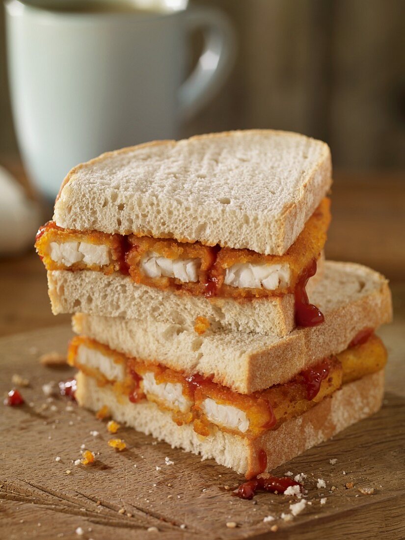 A fish finger sandwich with tomato ketchup on a wooden board