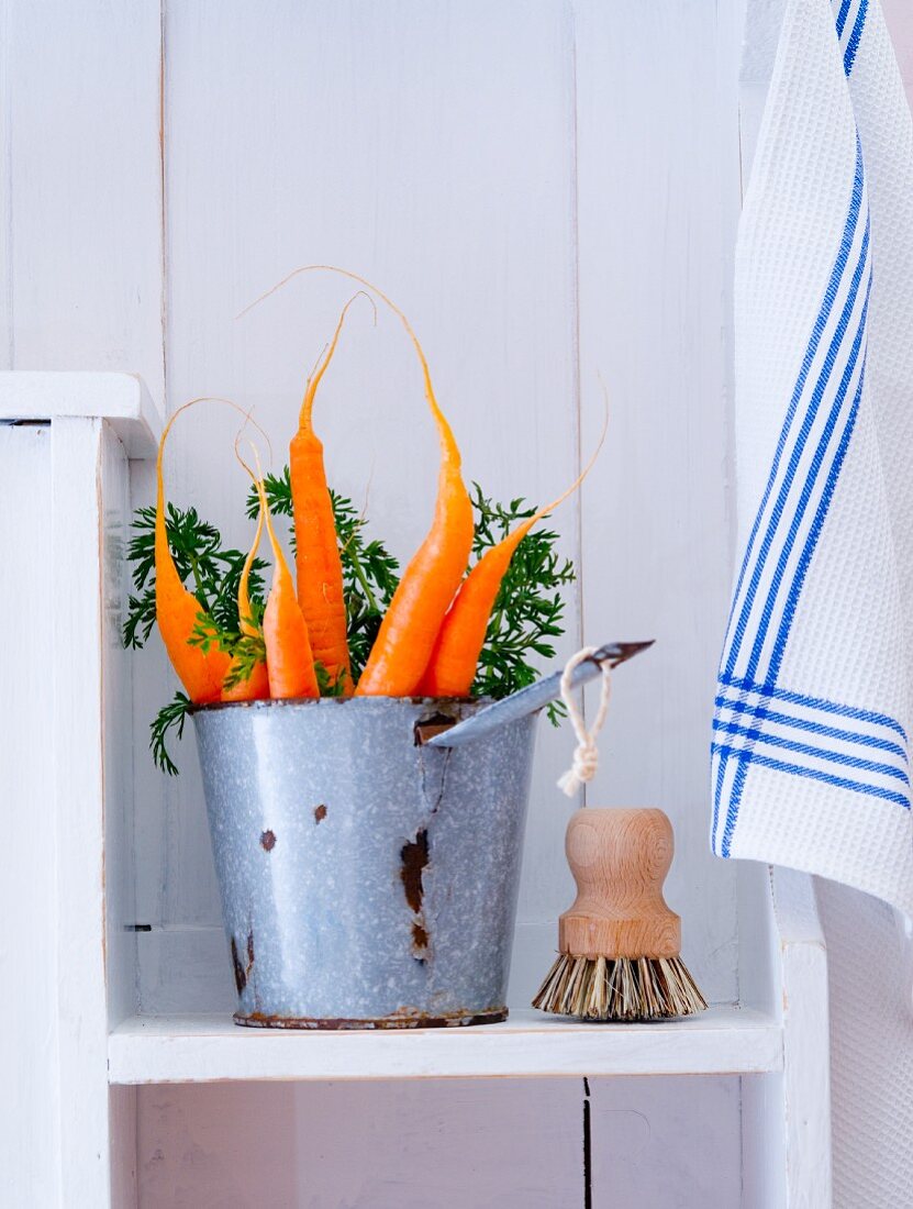 Fresh carrots with a brush on a kitchen shelf