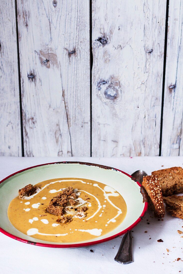 Rustic pumpkin soup and wholemeal bread