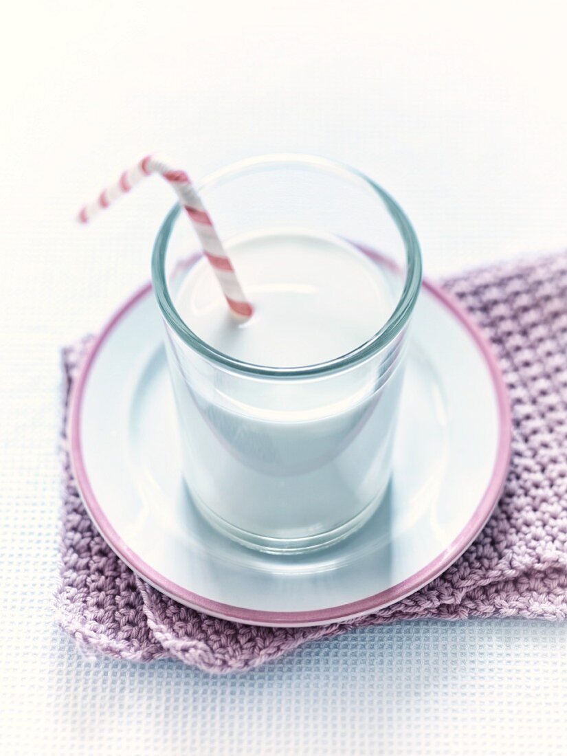 A glass of milk with straw