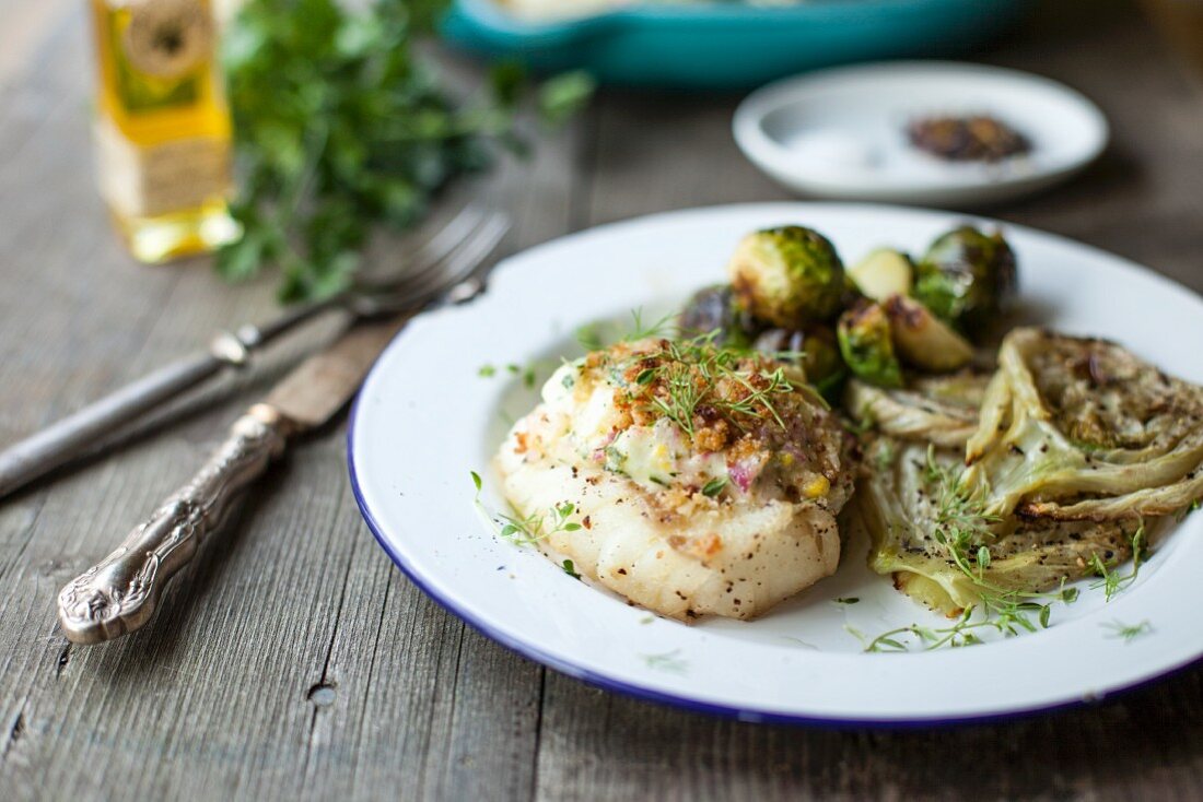 Grilled cod with tartar sauce, roasted fennel and Brussels sprouts