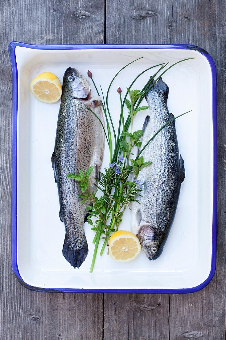 Fresh trout with herbs and lemons