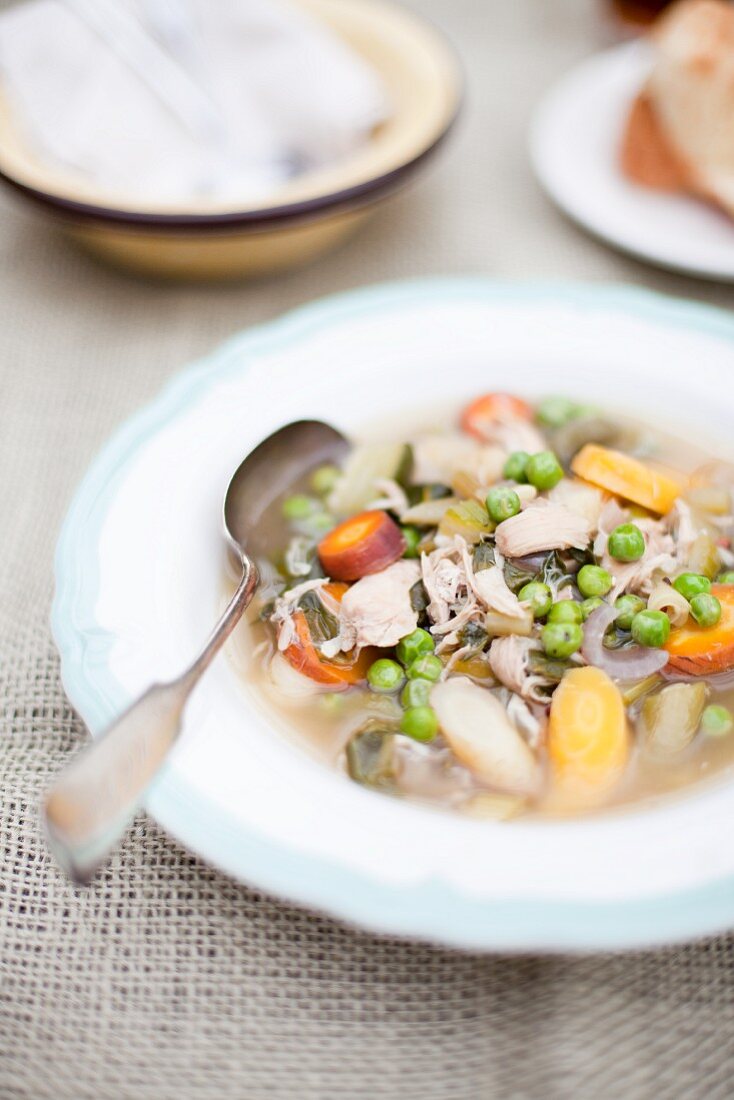 Gemüsesuppe mit Pilzen und Hähnchen