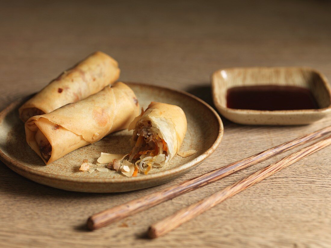 Vegetable spring rolls with soy sauce for dipping