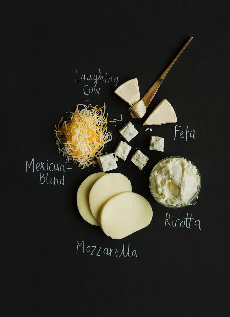 Fünf verschiedene Käsesorten mit Bezeichnungen auf schwarzem Untergrund
