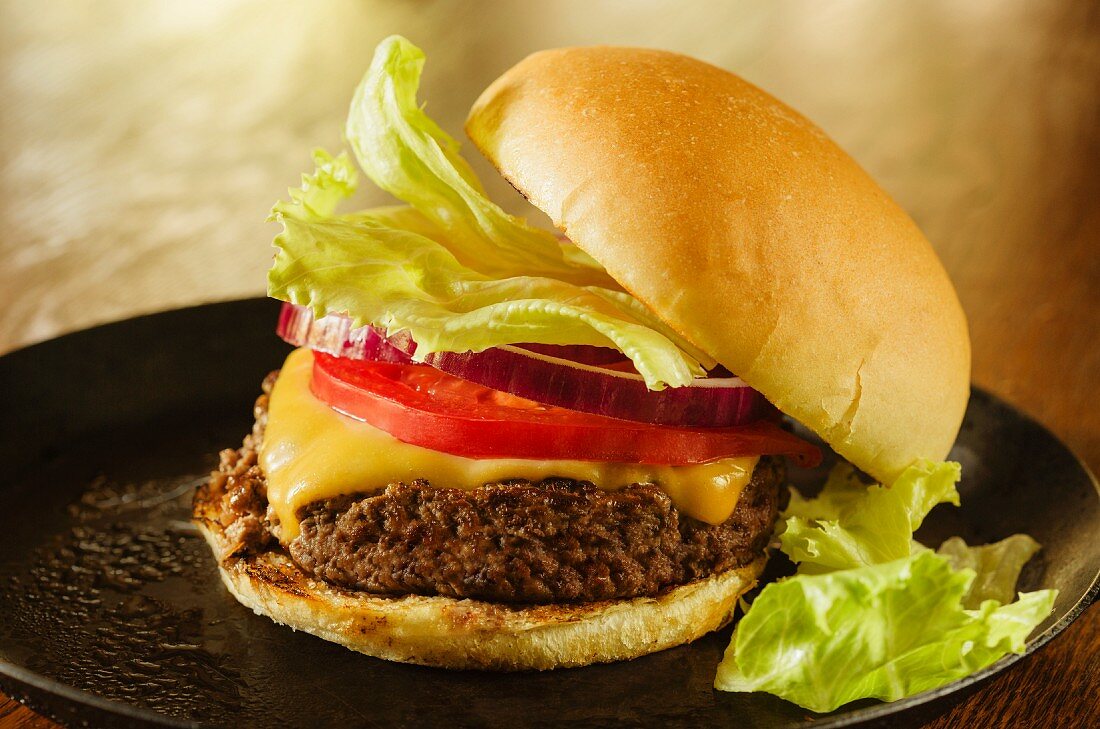 A cheeseburger with tomatoes, red onions and lettuce