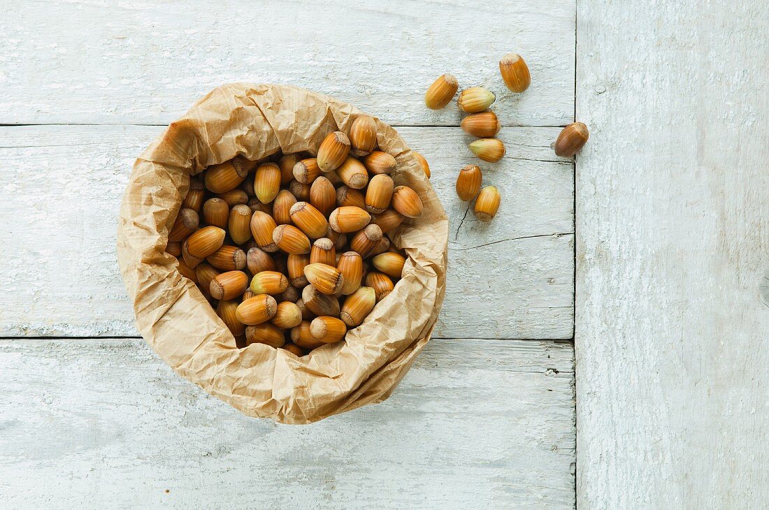 A paper bag of hazelnuts (seen from above)