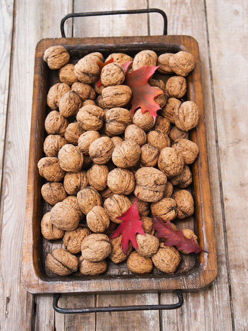 Walnuts with autumnal leaves on a wooden tray