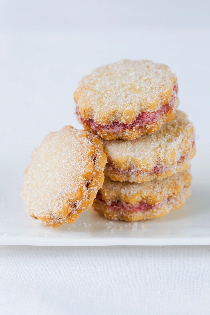 A stack of jammy shortbread biscuits