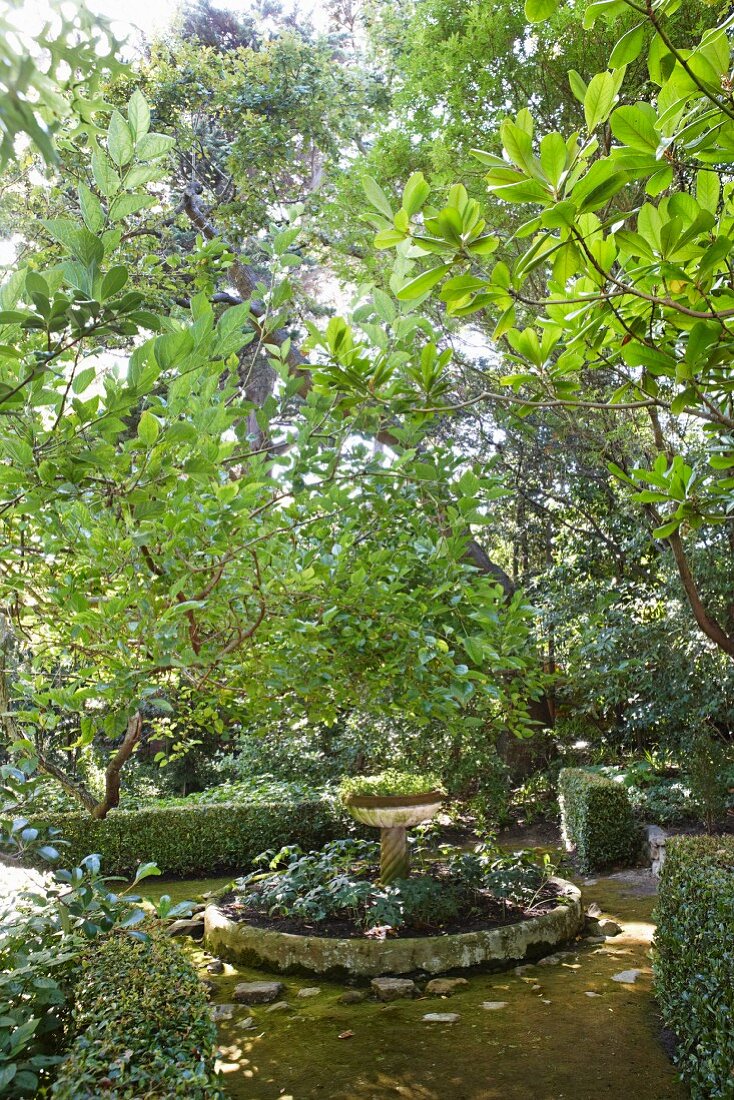 Round bed with stone edging and planted urn on plinth in centre in densely planted garden