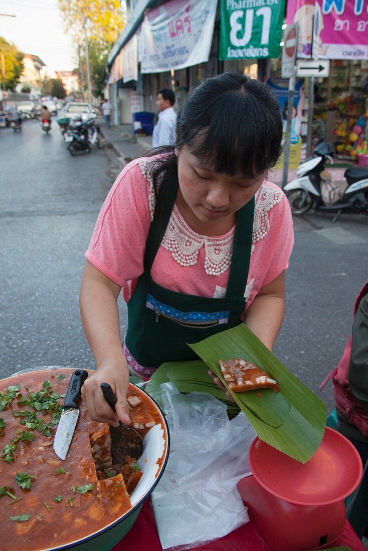 Frau verkauft Northern Pork Curry, Thailand