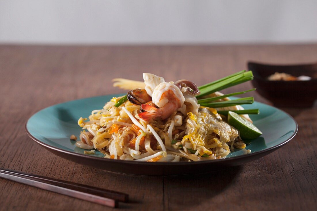 Pad Thai with seafood (noodle dish from Thailand)