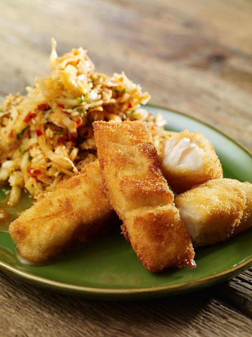 Fish fingers with fried vegetable rice