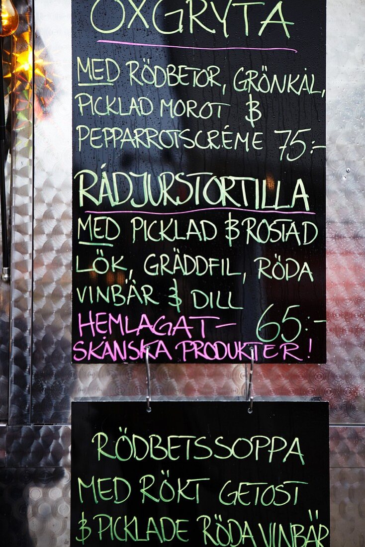 A specials board in a Swedish kiosk