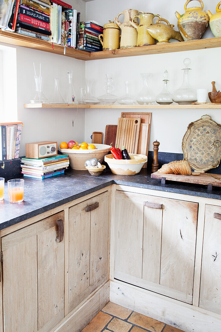 Vintage kitchen corner with open shelves