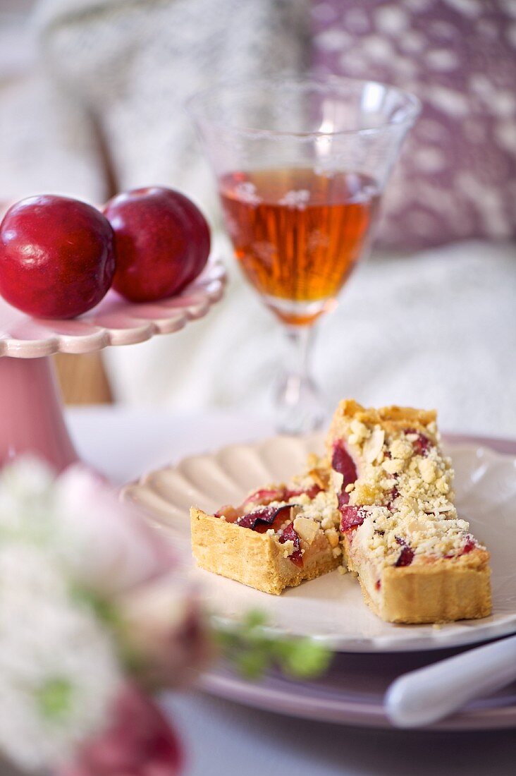 Two slices of plum and almond tart