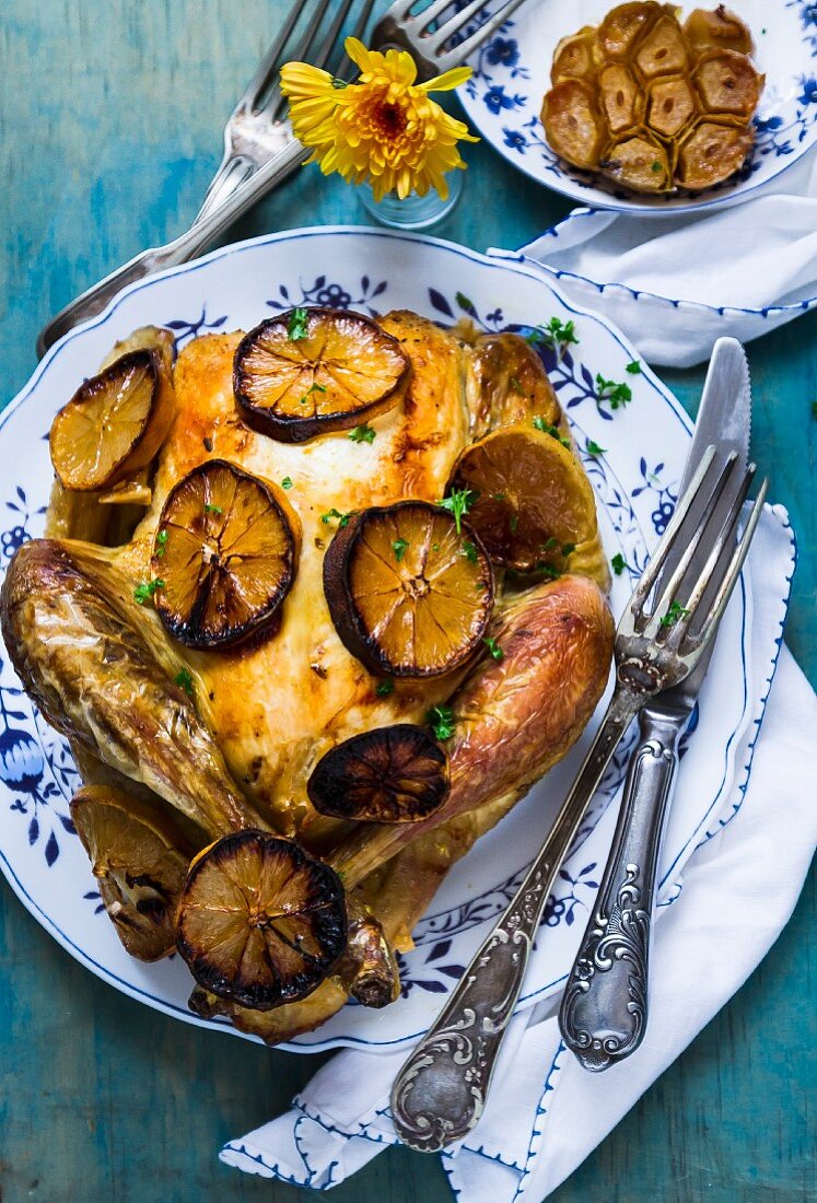 Roast chicken with lemon and garlic