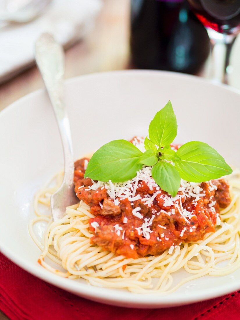Spaghetti with vegetarian Bolognese, Parmesan cheese and basil