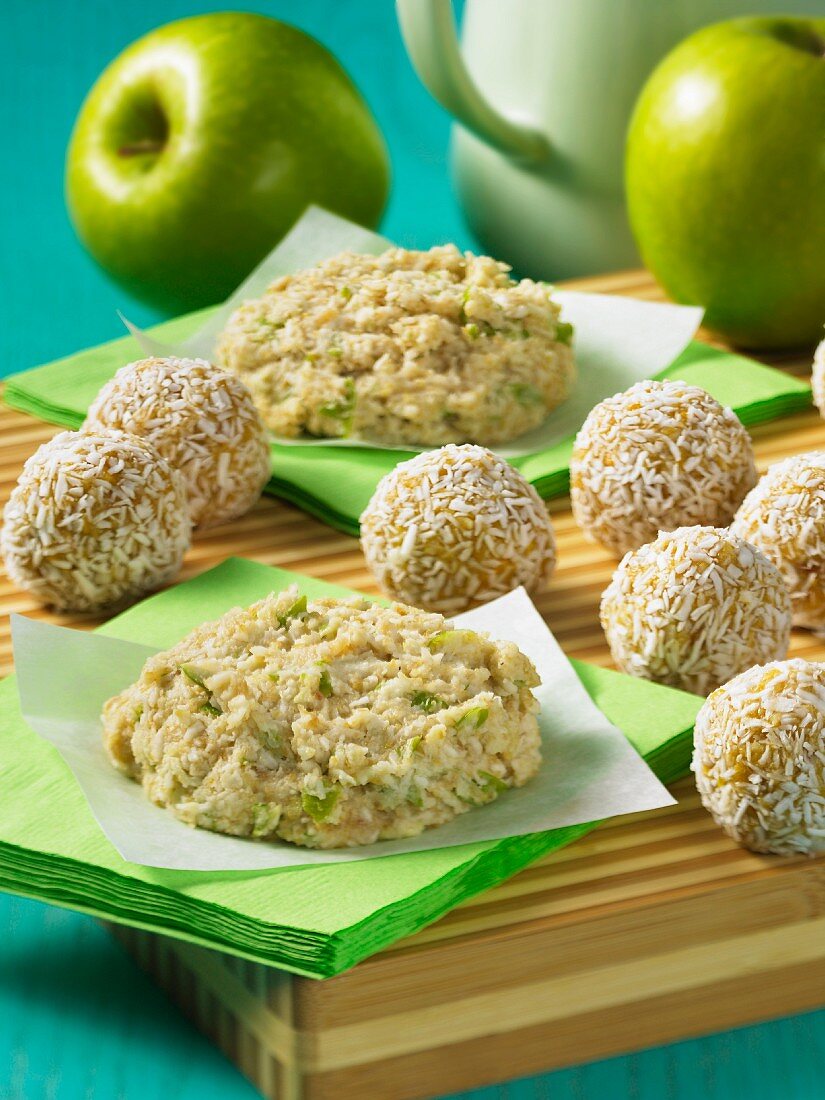 Apple and coconut biscuits and coconut and mango pralines