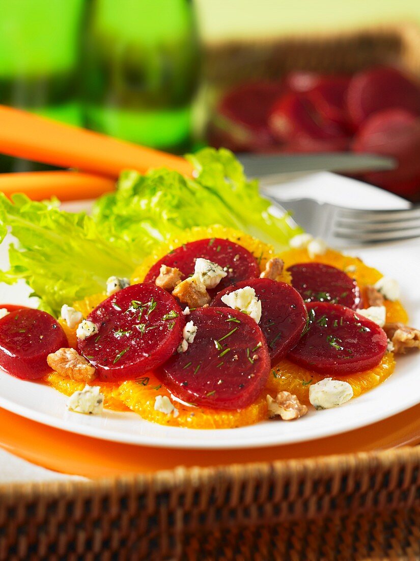 Orange and beetroot salad with Gorgonzola and walnuts