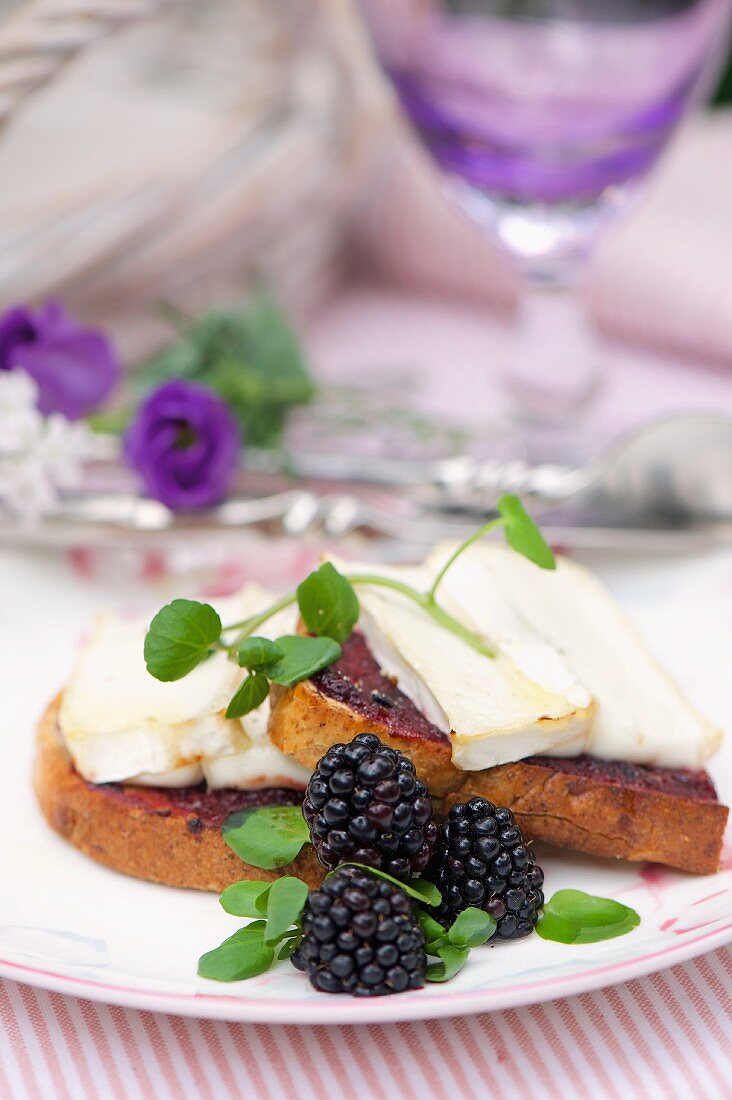 Grilled bread topped with blackberry jam, soft goat's cheese and cress