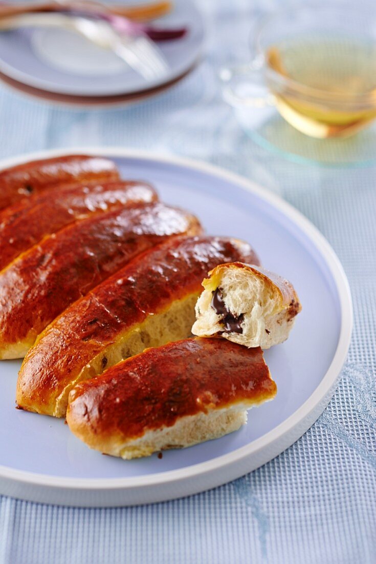 Chocolate-filled brioche on a plate