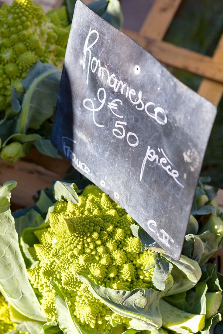 Romanesco broccoli on a market stand in France