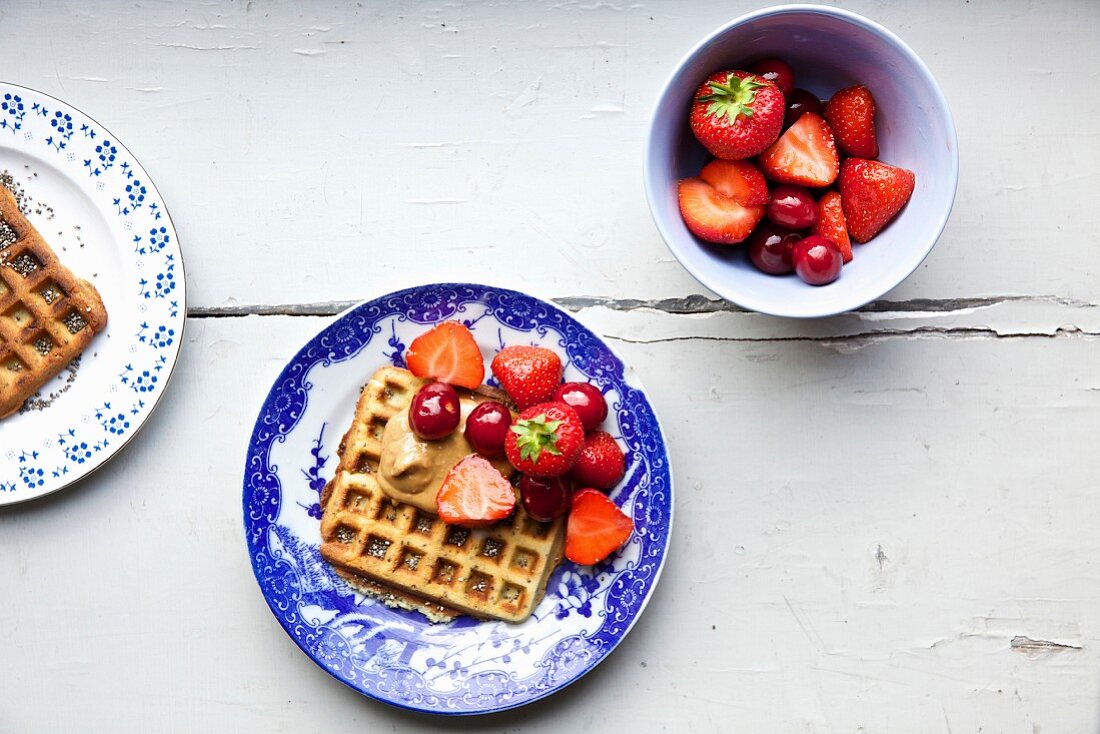 Quinoa waffles with strawberries and cherries