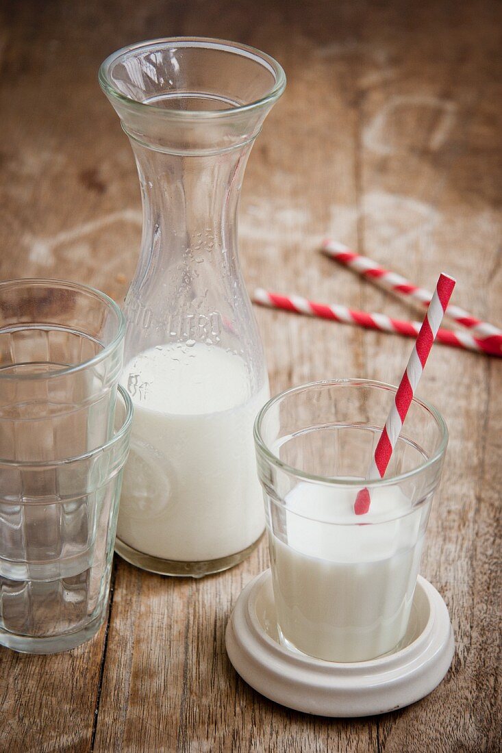 Milk in carafe and a glass with striped straws