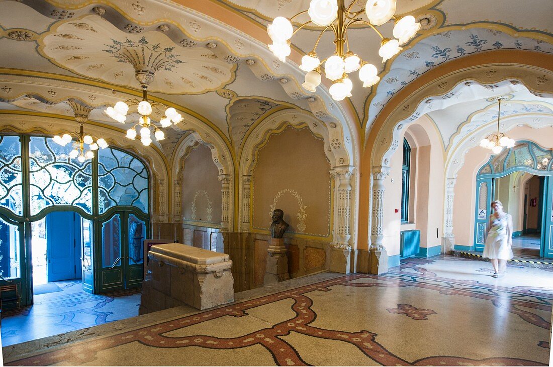The entrance hall of the Geological and Geophysical Institute of Hungary – erected between 1898 and 1900 in the Hungarian art nouveau style according to plans by Ödön Lechner