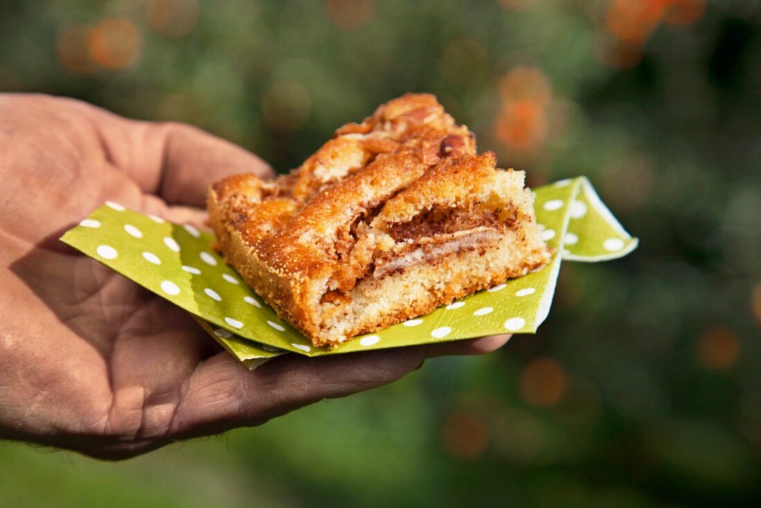 A slice of apple cake with nuts and coconut
